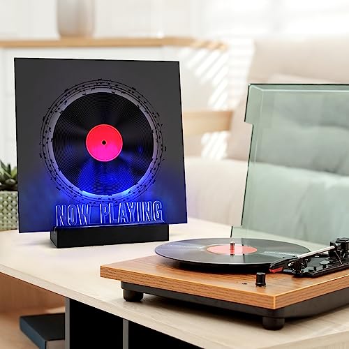 Woodoulogy Now Playing Vinyl Record Stand,Light Up Wooden Album Display Holder with Acrylic Sign, Multi Color LED Now Spinning Hip Hop Record Wood Rack,LP Record Player Accessories Gift