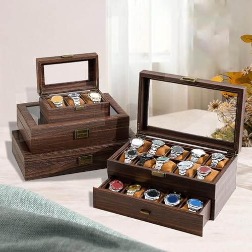 Mens Jewelry Box Organizer Watch Box Sunglasses Organizer Mens Jewelry Organizer Large Capacity Multiple Compartments Window Design Watch Holder Stand Storage Case with Drawer (Black)/4(Brown)