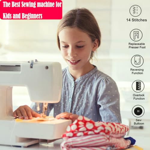 Dechow Sewing Machine for Beginners, Electric Mini Portable, 14 Built-in Stitches with Reverse Sewing, 2 Speeds Double Thread with Foot Pedal, Storage Bag, Cotton Fabric and Threads (White)