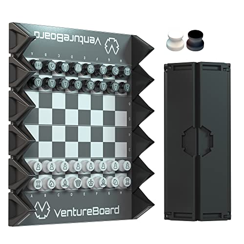 VENTUREBOARD 6 Inches Magnetic Unique Chess Set Board Game - 2 Extra Queens - Folding Board, Portable Travel Chess Board Game Pieces - Black/Grey