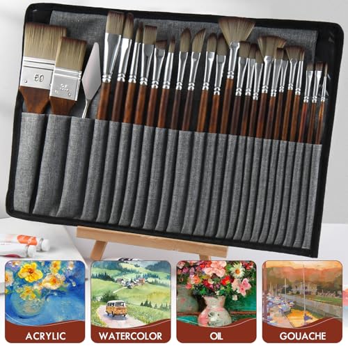 25pcs Paint Brush Set, Fuumuui Acrylic Paint Brushes, Professional Artist Series with Wide Flat, Filbert, Fan, Dagger, Cat Tongue, Round, Angle, Rigger for Oil, Acrylic Canvas Paintings, Face Painting