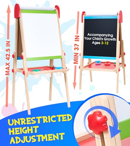 Art Easel for Kids, 3 in 1 Adjustable Double Sided Kids Easel with Magnetic Whiteboard, Chalkboard, 2 Paper Rolls and Accessories, All in One Wooden Toddler Easel, Art Easel for Kids Ages 2-4 4-8 8-12