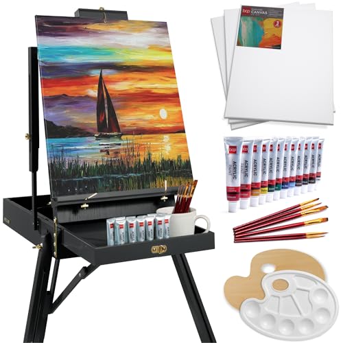 Best Choice Products French Easel, 32pc Beginners Kit Portable Wooden Folding Adjustable Sketch Box Artist Tripod for Painting, Drawing w/Acrylic Paints, Brushes, Canvases, Palettes - Black