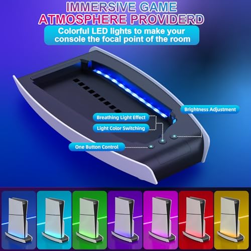 For PS5 Slim Controller Base with RGB Ambient Light, Multi-Functional Cooling Base Stand Holder for PS5 Slim Accessories,Colorful Vertical Lighting Base For PS5 Slim Game Console Disc&Digital Editions