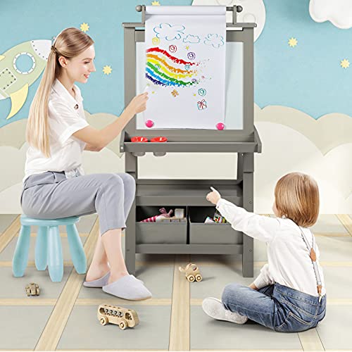 Kinder King 3 in 1 Kids Art Easel w/Storage, Double-Sided Magnetic Whiteboard & Chalkboard, Dry-Erase Board w/Paper Roller, Toddler Children Standing Easel for Painting & Drawing, Accessories(Grey)