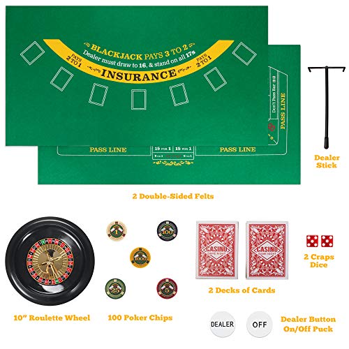 Brybelly Casino Night 4-in-1 Complete Game Set with Felts, Wheel, 100 Chips, Dice & Cards for Blackjack, Craps, Roulette & Texas Hold'em - Green Felt Double Sided Casino Tabletop Gaming Mat