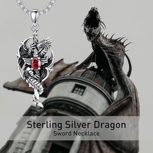 CEKAMA Cross Sword Dragon Necklace Men's Gothic Sterling Silver Medieval Mythic Retro Hovering Dragon Totem Pendant Silver Warrior Jewelry Gifts for Men Father