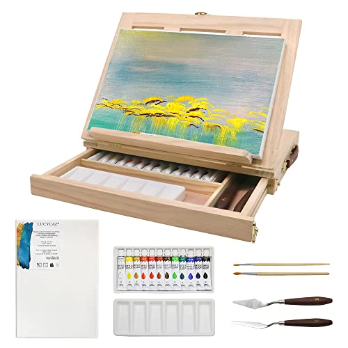 LUCYCAZ Art Easel for Painting, Tabletop Painting Easel Set for Kids, Pine-Wood Portable Easel Stand for Artists with Canvas, Acrylic Paints, Brushes, Palette and Palette Knives