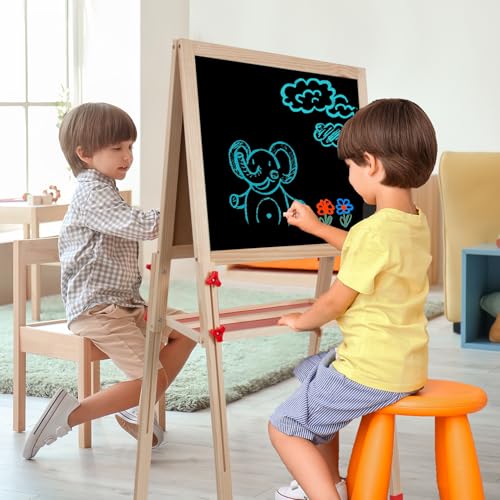 Wooden Art Easel for Kids,Adjustable Double Sided Painting Easel for Toddlers 3,4,5,6,7,8,9,10Years,Foldable Standing Kids Easel with Accessories, Perfect Painting Gifts for Kids Boys&Girls