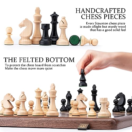 A&A Premium Natural Walnut Folding Chess Set, w/ 15" Board & 3" King Height Staunton Chess Pieces, Includes 2 Extra Queens and a Storage Bag