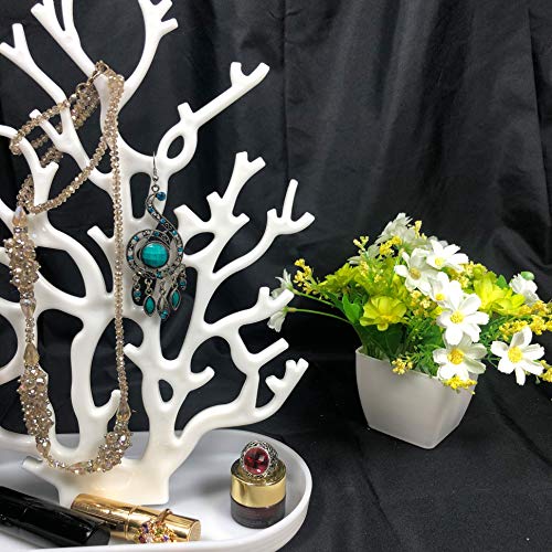 NewFerU Coral Tree Jewelry Hanging Stand Display Table Top Necklace Bracelet Holder Earring Hanger Organizer Rack Tower with a Ring Watch Dish Tray for Women Girls (White)