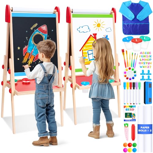 Art Easel for Kids, 3 in 1 Adjustable Double Sided Kids Easel with Magnetic Whiteboard, Chalkboard, 2 Paper Rolls and Accessories, All in One Wooden Toddler Easel, Art Easel for Kids Ages 2-4 4-8 8-12