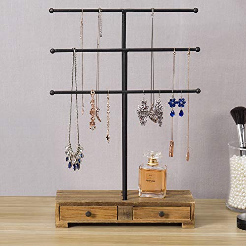 MyGift 3-Tier Black Metal T-Bar Jewelry Necklace Display Stand with Wooden Base & Ring Drawers