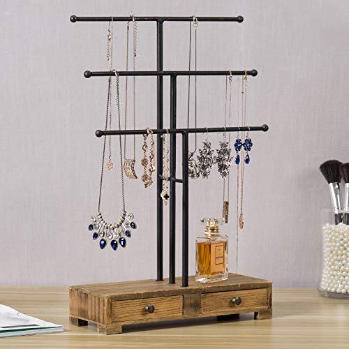 MyGift 3-Tier Black Metal T-Bar Jewelry Necklace Display Stand with Wooden Base & Ring Drawers