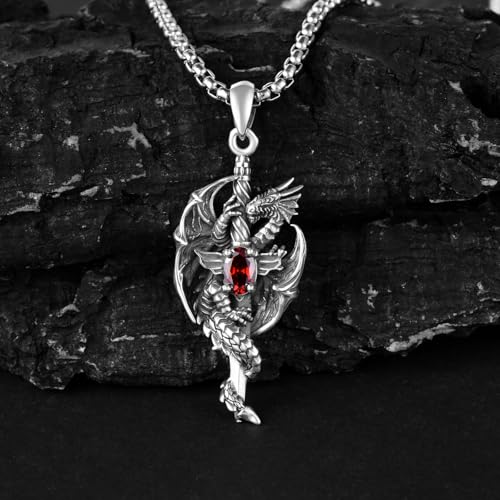 CEKAMA Cross Sword Dragon Necklace Men's Gothic Sterling Silver Medieval Mythic Retro Hovering Dragon Totem Pendant Silver Warrior Jewelry Gifts for Men Father