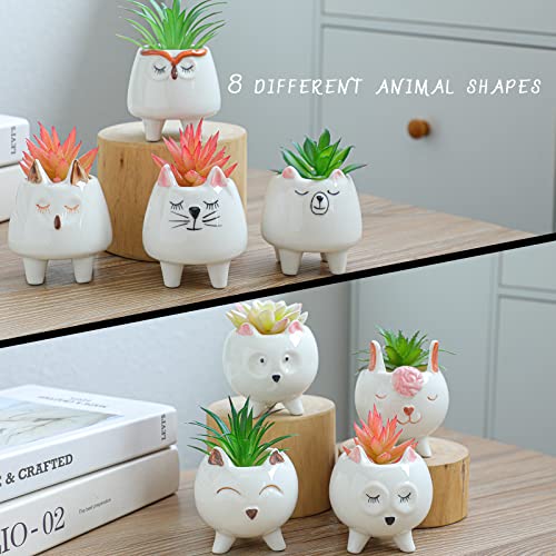 ARTKETTY 8 Pcs Succulent Pots with Drainage, Small Cartoon Animal Planters Ceramic Planter Pot for Indoor Cactus Plants Mini Cute Flower Plant Container for Desk Windowsill Decoration