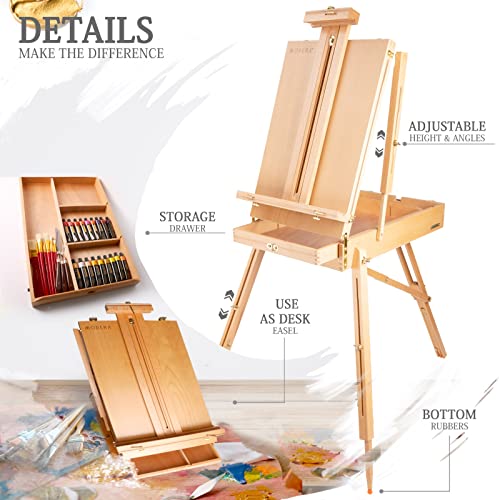 French Easel Acrylic Painting Set, Deluxe Artist Supplies Kit w/Coronado Style Wooden Field & Studio Sketch Box Easel, Stretched & Panel Canvases, Professional Paint, Premium Brushes, Knives, Palettes