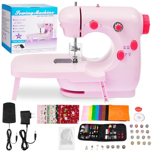 Gleamkid Portable Sewing Machine, Mini Sewing Machine for Beginners with 2 Speed Control, Extension Table, LED Light, Foot Pedal, DIY Home Sewing Kit with Accessories and Tools