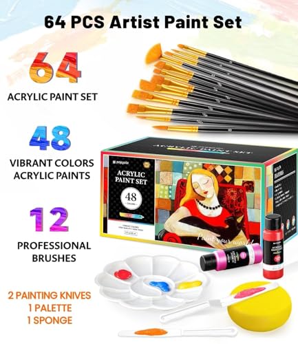 64 PCS Acrylic Paint Set with 12 Brushes, 2 Knives, Palette and Sponge, 48 Colors (60ml, 2oz) Art Craft Paints Gifts for Adults Kids Artists Beginners, Halloween Pumpkin Painting Kit