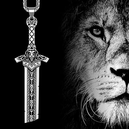 ZiWuark Mens Broken Sword Necklace Lion Head Knight Dragon Sword Pendant Viking Jewelry for Men Women, Silver Lion