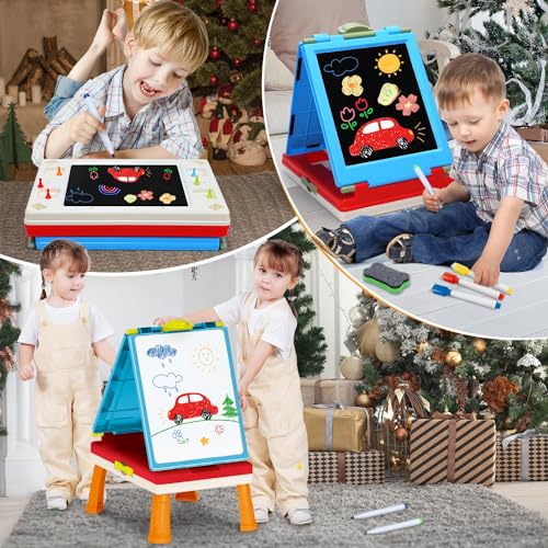 Kids Art Easel Toys, Foldable Double Sided Tabletop Art Easel, Chalk Board and White Board with Painting Accessories, Birthday Gift for Toddlers, Boys and Girls