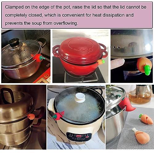 NentMent 6 Pack Pot Lid Lifter Silicone Heat Resistant Spill Proof Pan Cover Stand Holder Clip Steam Releaser Stopper for Soup Pots Kitchen Gadgets (Carrot, Pepper, Chicken Leg 3 Style)