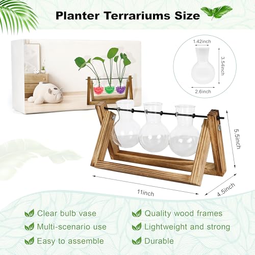 Plant Propagation Station with Wooden Stand,Plant Decor Birthday Gifts for Women,Christmas Planter Gifts for Plant Lovers,Plant Terrarium for Home Office Christmas Decor,Window Sill Decor-3 Bulb Vases