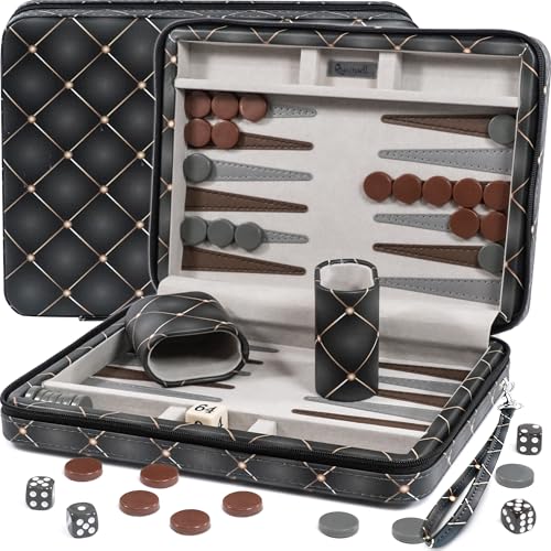 Magnetic Travel Backgammon Sets for Adults - Quality PU Leather Backgammon Board Game for Adults and Kids - 14" Travel Backgammon Board with 32 Magnetic Pieces in PU Leather Case