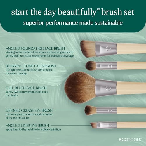 EcoTools Start The Day Beautifully 6 Piece Makeup Brush Set, Makeup Brushes For Eyeshadow, Blush, Concealer, & Foundation Application, Eco-Friendly, Gift Set, Synthetic Hair, Vegan & Cruelty-Free