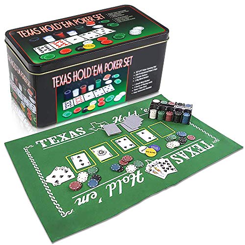 Gamie Texas Holdem Poker Game Set - Includes Hold’em Mat, 2 Card Decks, Chips, Chip Holder and Tin Storage Box - Fun Game Night Supplies - Cool Casino Gift for Kids & Adults