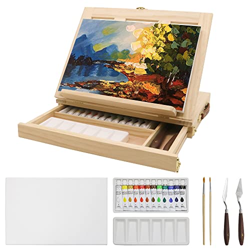 LUCYCAZ Tabletop Easel Set, Easel for Painting Canvases, Portable Wooden Art Easel Painting Kits for Adults Artist Kids, 12 Colors Acrylic Paints, 2 Brushes, Palette and Knives