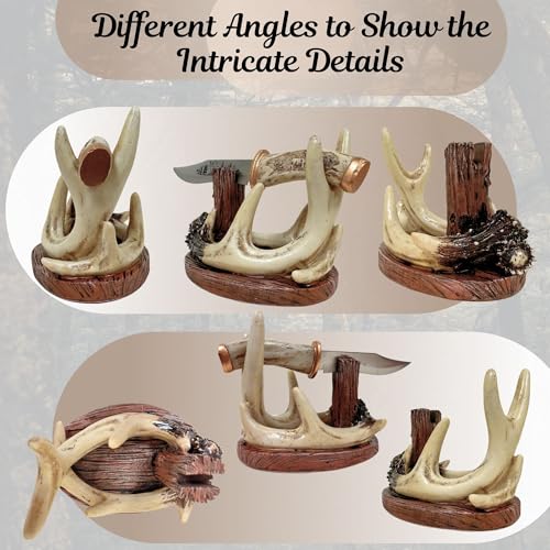 BestGiftEver Carved Handle Decorative Deer Buck Blade Knife with Faux Antler Display Stand Hunting Cabin Home decoration