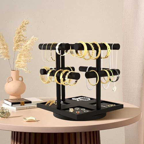 Alytree 2-Tier Rotating Bracelet Display Stand, Wooden Jewelry Bracelet Display Holder-4 Removable Holders, Bracelet Organizer for Bangles, Necklaces, Bracelets, Rings, Earrings and Watch, Black