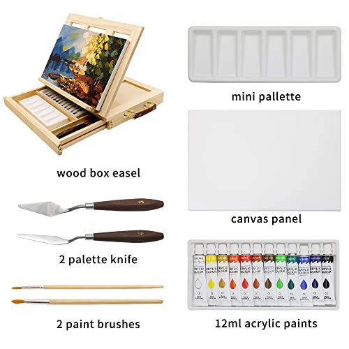 LUCYCAZ Tabletop Easel Set, Easel for Painting Canvases, Portable Wooden Art Easel Painting Kits for Adults Artist Kids, 12 Colors Acrylic Paints, 2 Brushes, Palette and Knives