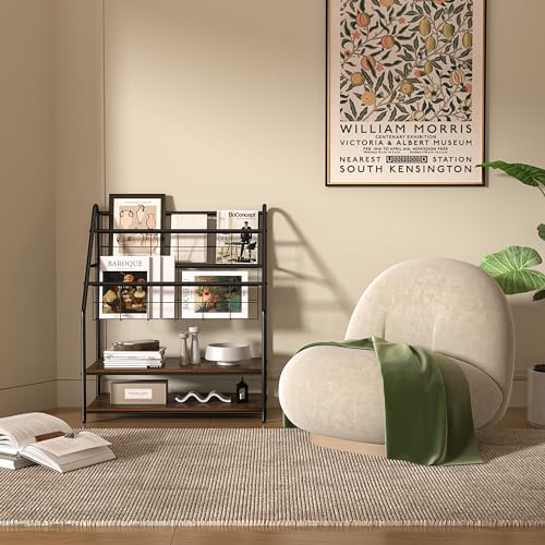 VECELO Magazine Holder Floor,2-Tier Metal Magazine Racks, Newspaper Display Stand with Board Shelves for Books and Brochure in Home Office,Shopping Malls,Indoor&Outdoor Place, Retro Brown