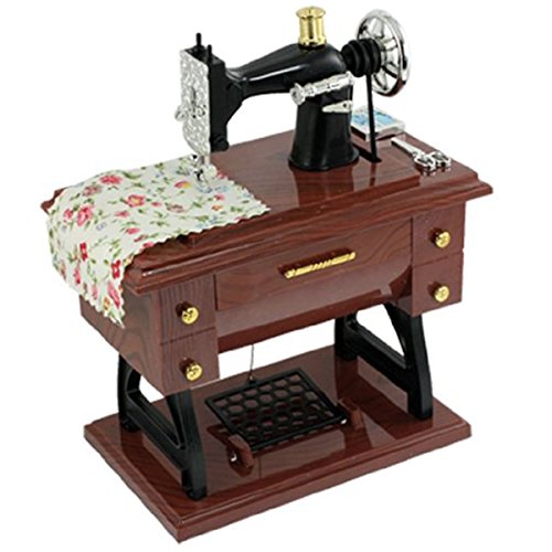 Artyea Vintage Mini Sewing Machine Style Plastic Music Box Table Desk Decoration Toy Gift for Kid Children, brown