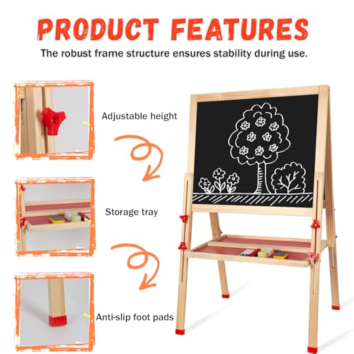 Wooden Art Easel for Kids,Adjustable Double Sided Painting Easel for Toddlers 3,4,5,6,7,8,9,10Years,Foldable Standing Kids Easel with Accessories, Perfect Painting Gifts for Kids Boys&Girls