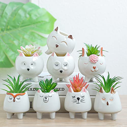 ARTKETTY 8 Pcs Succulent Pots with Drainage, Small Cartoon Animal Planters Ceramic Planter Pot for Indoor Cactus Plants Mini Cute Flower Plant Container for Desk Windowsill Decoration