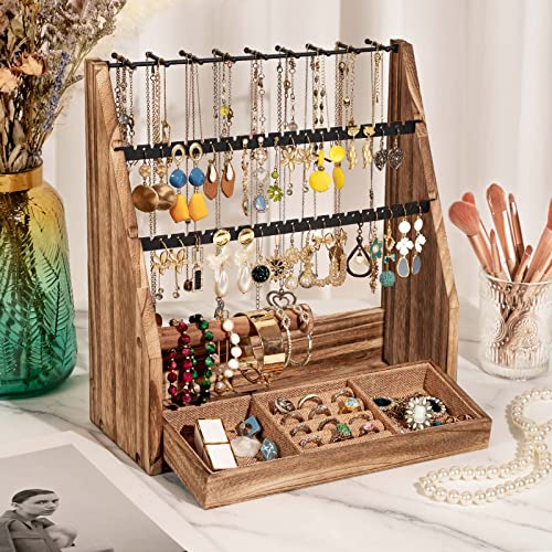 DGWJSU Jewelry Organizer Stand, 5 Layer Earring Holder Organizer with Necklace Holder, Rustic Wood Earring Organizer Display for Stud Earring Bracelet Necklace Ring, Watches