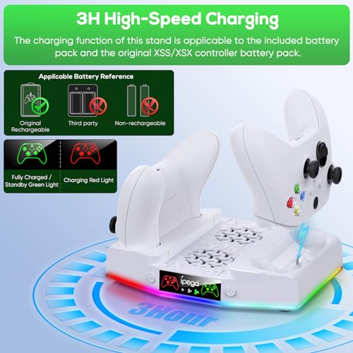 FYOUNG Vertical Charger Stand & Cooling Station for Xbox Series S, Upgrade Controller Charging Dock with 15 RGB Light, Cooler Fan System, 2X 1400mAh Rechargeable Battery, Headset Holder (White)