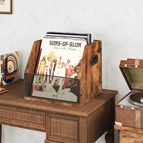 Homeiju Vinyl Record Storage, Vinyl Record Box Case Crate, Vinyl Record Album Holder, Desktop Metal & Wooden LP Record Crate, Holds up to 60 Records（Patent No.D1024563