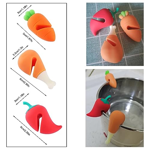 NentMent 6 Pack Pot Lid Lifter Silicone Heat Resistant Spill Proof Pan Cover Stand Holder Clip Steam Releaser Stopper for Soup Pots Kitchen Gadgets (Carrot, Pepper, Chicken Leg 3 Style)