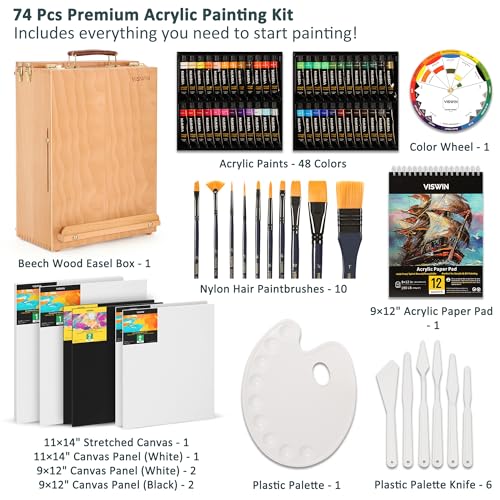 VISWIN Deluxe Acrylic Paint Set, 74 Pcs Complete Art Supplies with Tabletop Sketch Box Easel, 48 Colors Acrylic Paints, Canvas, Paint Brushes, Painting Kit for Adults, Art Set for Artists, Beginners