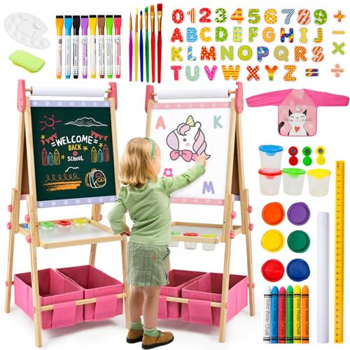 Kids Easel Including 100+ Accessories, Dual-Sided Wooden Easel for Kids Girls Age 3-12 with Magnetic Chalk & Painting Board, Free Height Adjustable Art Easel Supplies for Toddlers (Pink)