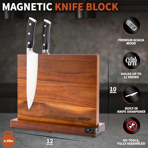 BROOKLYN CUTLERY Magnetic Knife Block, Acacia Wood Magnetic Knife Holder for Kitchen Counter Universal Knife Block Without Knives (12 x 10 With Sharpener)