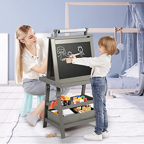 Kinder King 3 in 1 Kids Art Easel w/Storage, Double-Sided Magnetic Whiteboard & Chalkboard, Dry-Erase Board w/Paper Roller, Toddler Children Standing Easel for Painting & Drawing, Accessories(Grey)