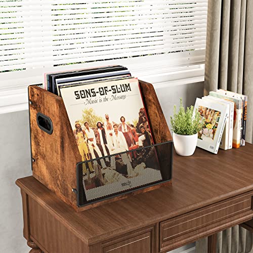 Homeiju Vinyl Record Storage, Vinyl Record Box Case Crate, Vinyl Record Album Holder, Desktop Metal & Wooden LP Record Crate, Holds up to 60 Records（Patent No.D1024563