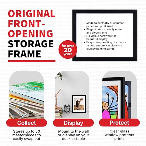 Dynamic Frames Li’l Davinci Art Cabinet, Stores up to 50 Pieces of 8.5 x 11 inch Art, Outer Wooden Frame Dimensions 11.75 x 14.75 inches, Changeable Kids Art Frame, Front Opening, Black