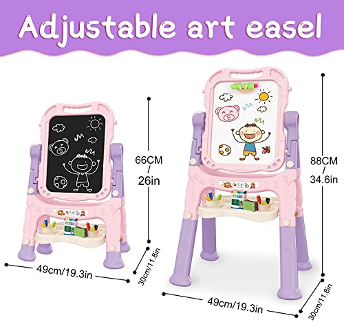 Mojitodon Art Easel for Kids, Adjustable Standing Rotatable Double Sided Easel with Painting Accessories for Toddlers Boys and Girls-Pink