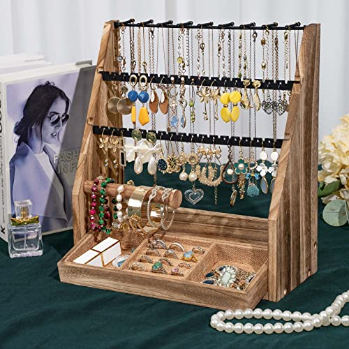 DGWJSU Jewelry Organizer Stand, 5 Layer Earring Holder Organizer with Necklace Holder, Rustic Wood Earring Organizer Display for Stud Earring Bracelet Necklace Ring, Watches